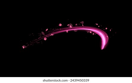 Magical effect of pink neon glow on a black background. Vector illustration of swirling vortex lines, bright petals and sparkling particles in a mesmerizing rotation.