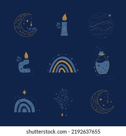 Magical elegant collection of cosmic elements. Mystical and cute set of stylized bottles, candles, moons, planet, stars and other unusual compositions.