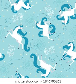 Magical and Elegant Unicorn Seamless Vector Pattern. Unicorns prance and frolic around a dreamy scattering of stars. Repeating pattern can be used for packaging, backgrounds, or fabric designs.