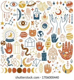 Colección de elementos mágicos. Artículos místicos vectoriales, luna, manos, cristales, planetas. Estilo astrología Doodle.