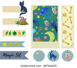Magical elements scrap booking set design. Watercolour imitation