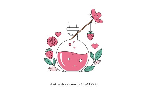 Magical elixir of sweetness and enchantment with blooming flowers and juicy strawberries