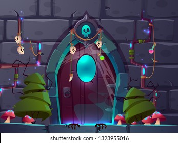 Magical entrance or portal in fantasy world cartoon vector. Mystic amulets and potions hanging on wooden doors in stone wall with mysterious gloving light shinning from gaps illustration. Quest room