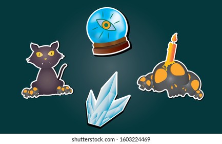Magical equipment item set vector design,cat witch,skull and candle ,cystal white,fortune teller's