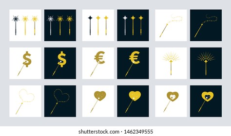 Magical equipments vector design. Magic wands icons with various theme.