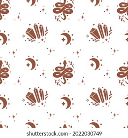 Patrón mágico esotérico sin fisuras con estrella, luna, hoja, mariposa aislada en fondo blanco. Ilustración plana mística vectorial. Diseño para tela, embalaje, astrología, estuche de teléfono, envoltura