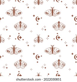 Magical esoteric boho seamless pattern with star, moon, leaf, butterfly isolated on white background. Mystic vector flat illustration. Design for fabric, packaging, astrology, phone case, wrapping
