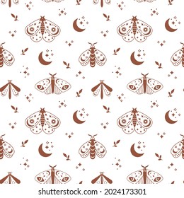 Magical esoteric boho seamless pattern with star, moon, leaf, butterfly isolated on white background. Mystic vector flat illustration. Design for fabric, packaging, astrology, phone case, wrapping
