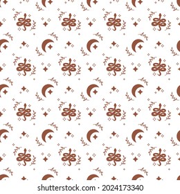 Magical esoteric boho seamless pattern with snake, star, moon, leaf, butterfly. Mystic vector flat illustration. Design for fabric, packaging, astrology, phone case, wrapping
