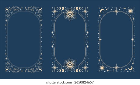 Quadro esotérico mágico, místico decoração linear com pontos, lua, estrelas cantos isolados no fundo azul. Ilustração vetorial. 