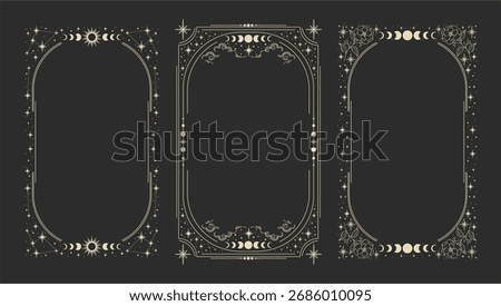 Magical esoteric frame, mystical linear decoration with dots, moon, stars corners isolated on black background. Vector illustration. 