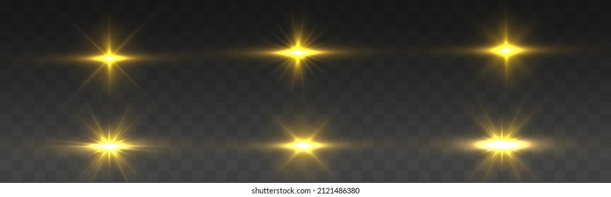 Explosión mágica con polvo de estrellas. Conjunto de brillantes y doradas estrellas hermosas. Brillo dorado y brillo. Las chispas amarillas brillan con una luz especial. Luces brillantes. El sol brilla. Ilustración vectorial de Navidad. 