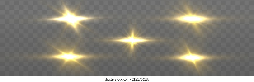 Magical explosion with star dust. Set of gold bright beautiful stars. Golden glitter and glare. Yellow sparks sparkle with a special light. Bright flashes. Sun flash. Christmas vector illustration. 