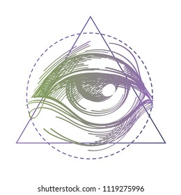 A magical eye. Elements in the style of Boho. Contour illustrations for the creation of tattoos, coloring, clothing design and printed products.