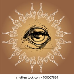 A magical eye in the style of Boho. Contour illustrations for the creation of tattoos, coloring, clothing design and printed products.