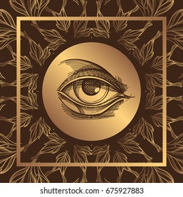 A magical eye surrounded by an abstract frame. Elements in the style of Boho. Contour illustrations for the creation of tattoos, coloring, clothing design and printed products.