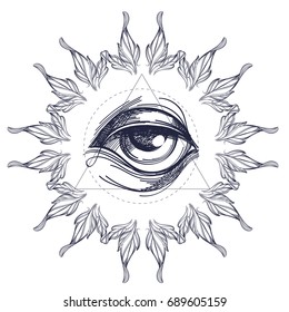 A magical eye surrounded by an abstract frame. Elements in the style of Boho. Contour illustrations for the creation of tattoos, coloring, clothing design and printed products.