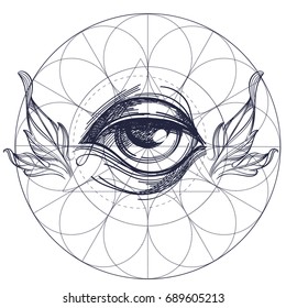 A magical eye surrounded by an abstract frame. Elements in the style of Boho. Contour illustrations for the creation of tattoos, coloring, clothing design and printed products.