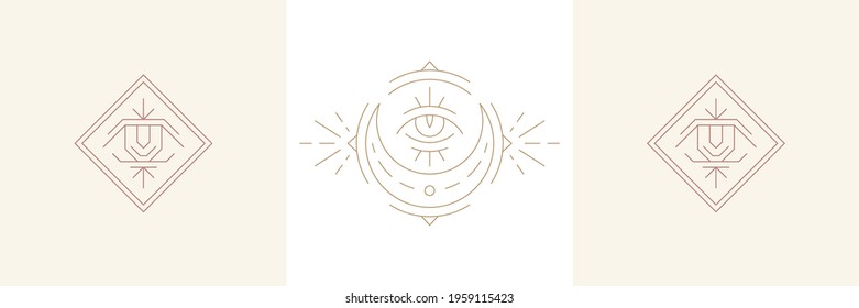 Magical eye of wisdom and moon crescent in boho linear style vector illustrations set. Elegant bohemian emblems line art symbols for mystic logo and esoteric brand