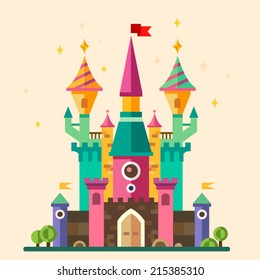 Magical fabulous cartoon castle. Vector flat illustrations