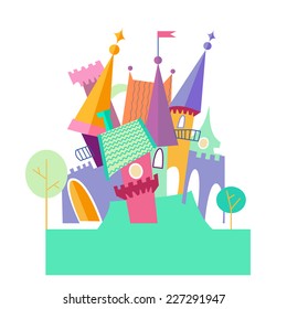 Magical fabulous cartoon castle. Vector flat illustrations