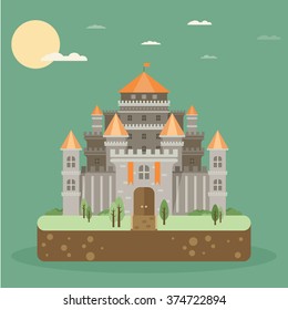 Magical fabulous cartoon castle. Vector flat illustrations