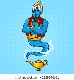 Magical fabulous character genie Djinn out of magic lantern pinup pop art retro vector illustration. Comic book style imitation.