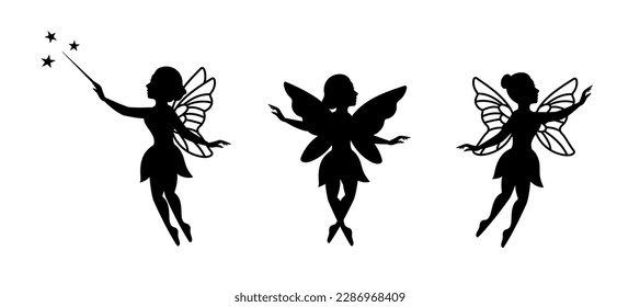 Magical fairies. Little creatures with wings. Mythical fairy tale characters in cute dresses. Magical fairies