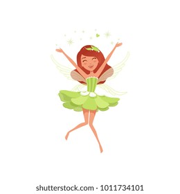 Magical fairy in beautiful green dress. Happy girl spreading pixie dust. Imaginary fairytale character with little wings. Mythical creature. Cartoon flat vector design