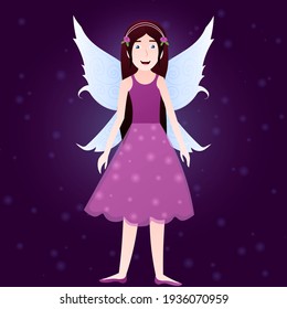 Magical fairy creature on dark violet background with beautiful wings shining, children fantasy book character