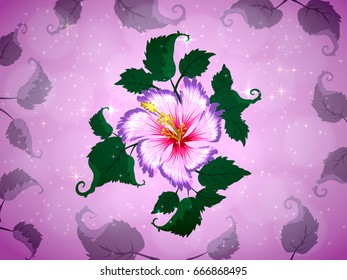 magical fairy glowing flower surrounded by stars and Curling leaves on a lilac background for cards and greetings