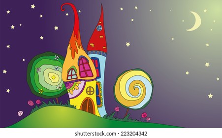 magical fairy houses in the form of mushrooms under the moon and stars, vector illustration