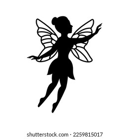 Magical fairy logo. Flying fairy silhouette. Mythical tale character. Little creature with wings in dress