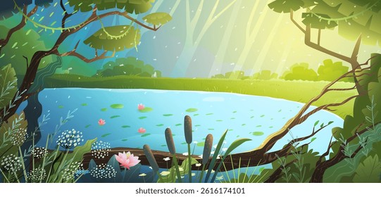 Magical fairy tale pond in forest with sun beams coming through trees. Sunlit forest lake in the woods. Vector illustration, hand drawn forest nature background. Cartoon for kids in watercolor style