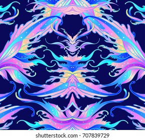 Magical fairy wings seamless pattern. Hand-drawn vector illustration. Trendy magic print, alchemy, mystery, divine goddess, spirituality, occultism. Rainbow colors.