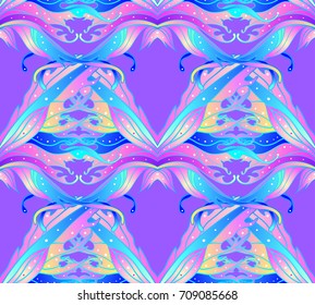 Magical fairy wings seamless pattern. Hand-drawn vector illustration. Trendy magic print, alchemy, mystery, divine goddess, spirituality, occultism. Rainbow colors.