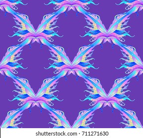 Magical fairy wings seamless pattern. Hand-drawn vector illustration. Trendy magic print, alchemy, mystery, divine goddess, spirituality, occultism. Rainbow colors.