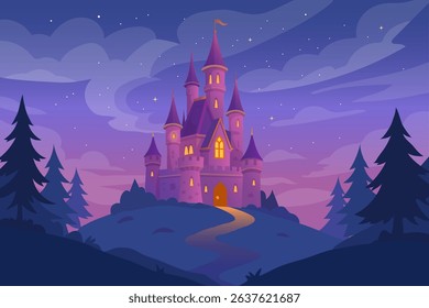 Magical fairytale castle at night in flat cartoon style. Fantasy landscape, twilight sky, stars, and pine trees. Perfect for children's book illustration, mobile game background, or print design.