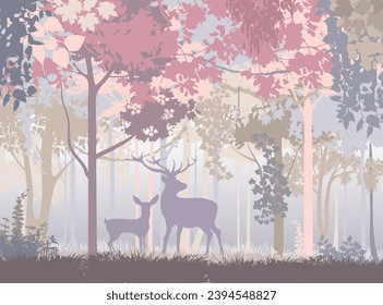 Ein magischer Märchenwald. Vektorgrafik - Kindertapete an der Wand. Lila, Rosa und Beige Dämmerung mit Nebel in einem ungewöhnlichen Wald mit Hirschen, die aufmerksam zuhören