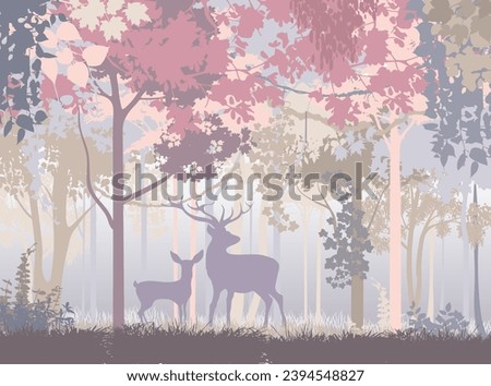 A magical fairy-tale forest. Vector illustration - Children's wallpaper on the wall. Gentle lilac, Pink and beige twilight with fog in an unusual forest with deer who are listening warily
