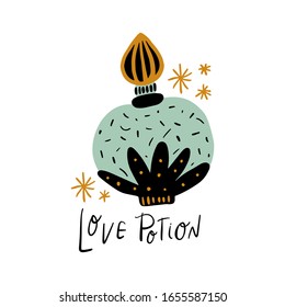 Magical fairytale lettering illustration with cute glass bottle potion. Valentines Day love drink concept. Magic elixir. Decoration for postcard and poster. Vector EPS clip art