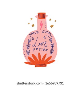 Magical fairytale lettering illustration with cute glass bottle potion. Valentines Day love drink concept. Magic elixir. Decoration for postcard and poster. Vector EPS clip art design