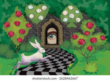 A magical fairy-tale park. A garden with trimmed trees. A running white rabbit. The eye in the keyhole. Fancy background for photos and themed parties