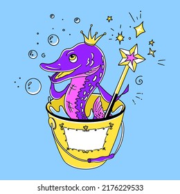 A magical fairy-tale pike in a bucket. Wish fulfillment concept. Dream vector illustration for children