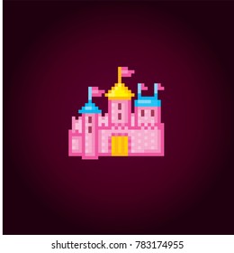 magical fairytale pink castle icon. Pixel art. Old school computer graphic style. Games elements.