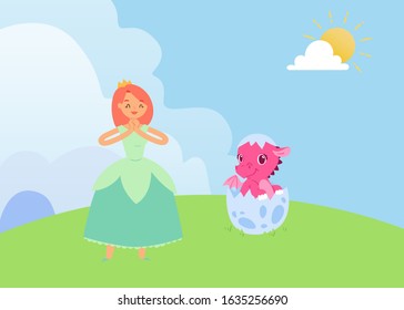 Magical fairytale with princess and baby dragon vector illustration. Pink cartoon newborn in egg shell. Collection for little girls and princess. Magical animals, pink dragon, fairy tale princess.
