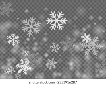Magischer, fallender Schneeflocken-Hintergrund. Winterstaub kristalline Formen. Schneefall Himmel weiß transparent Tapete. Chaos Schneeflocken Februar Vektor. Schneesturmlandschaft.