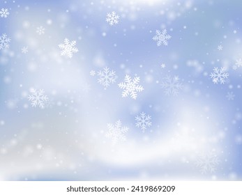 Magical falling snow flakes illustration. Snowstorm speck ice elements. Snowfall sky white blue composition. Filigree snowflakes december theme. Snow nature landscape.