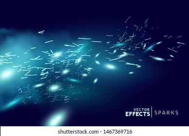 Magical fantasy blue fire sparks blowing through the wind. Vector illustration.