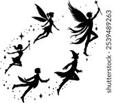 Magical fantasy characters in flight, fairies and wizards - Fantasy adventure silhouette with fairies and magic wands with fairy dust	
